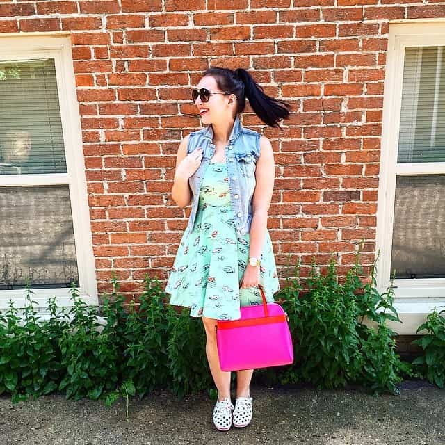 18 – Blue Printed Dress And A Sleeveless Denim Jacket With Canvas Shoes