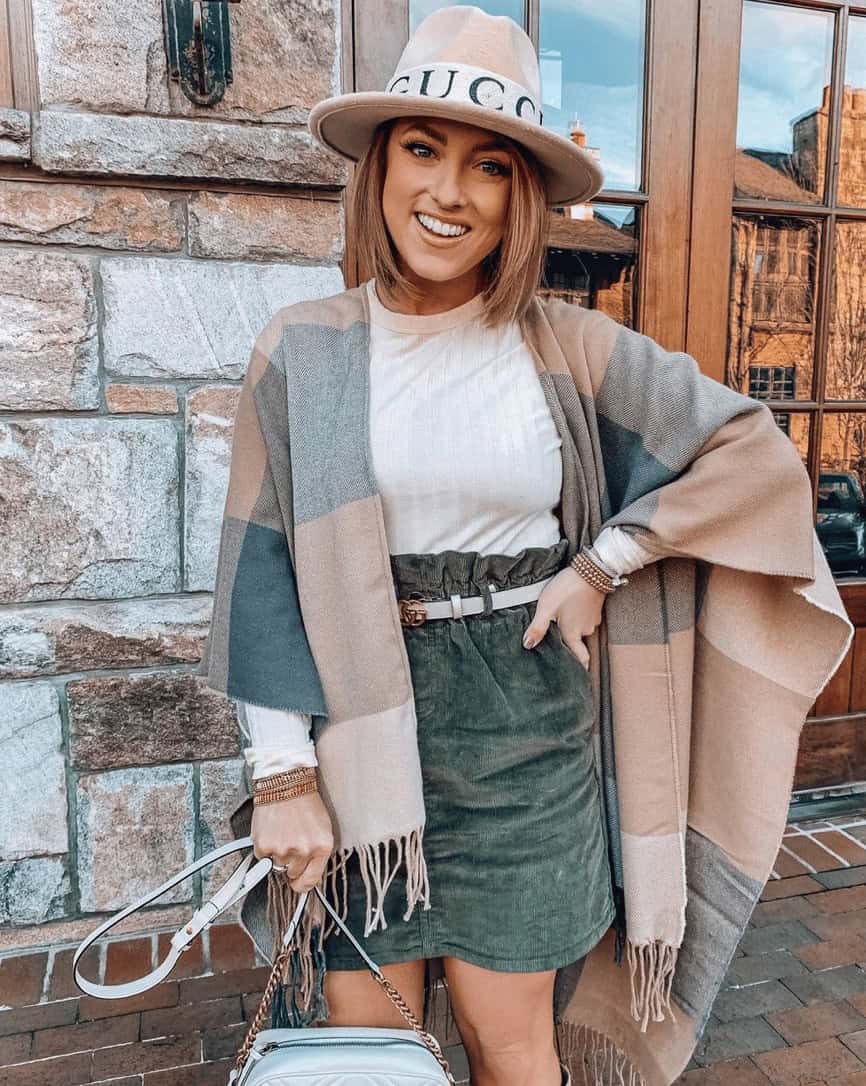 2 – White Top With Grey Belted Skirt and Nude Hat