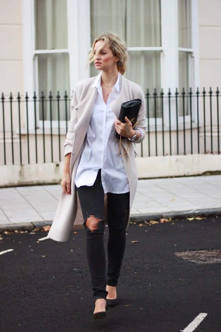 32 – Add a Light Colored Long Coat with Black Ripped Jeans