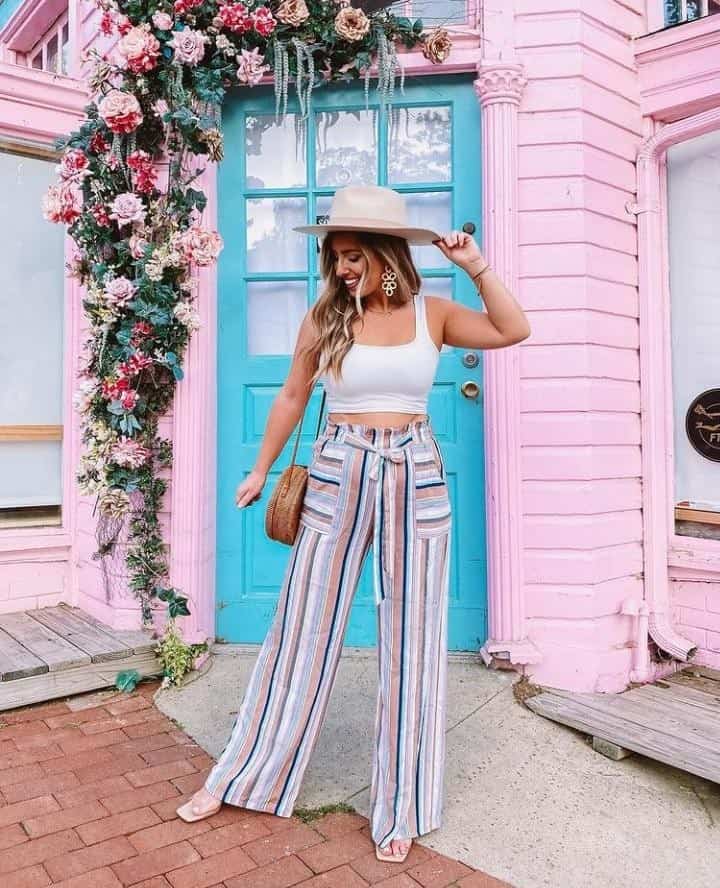 7 – White Ribbed Tank Top With Pastel Wide Leg Pants