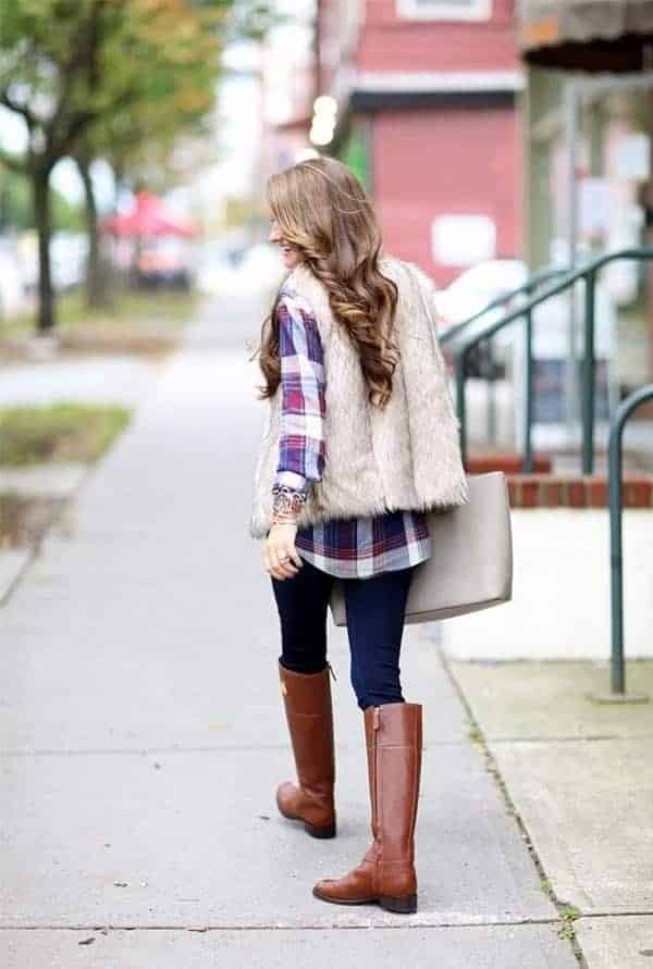 ↓ 14. Over Flannel Shirt and Knee High Boots