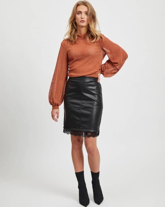 18 – Sheer Top With Black Leather Skirt