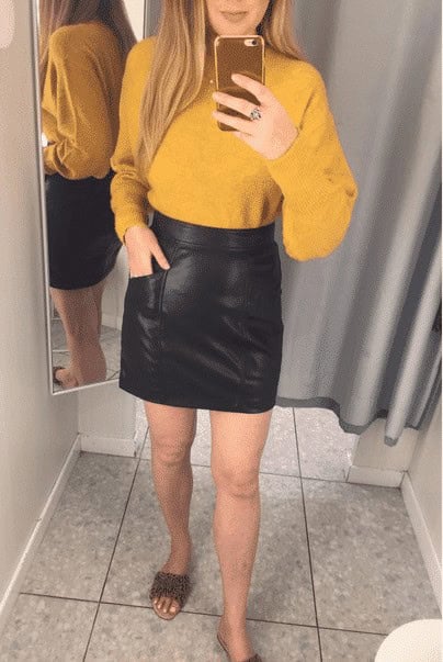 36 – Mustard Yellow Sweater & Leather Skirt for Fall