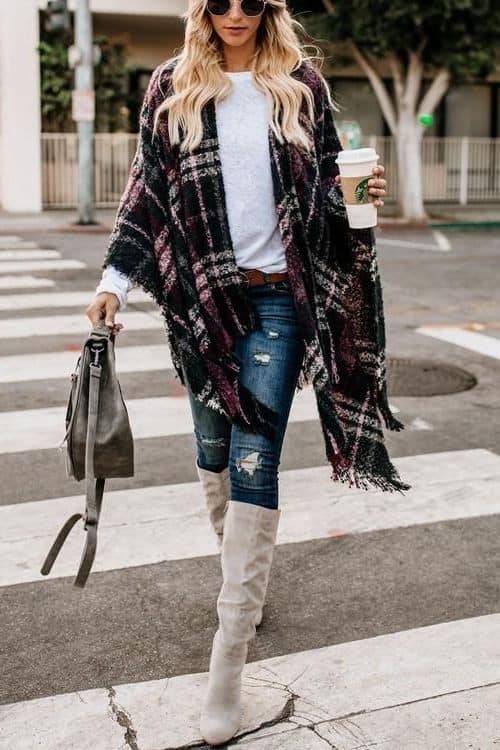 19 – Plaid Poncho With Skinny Jeans And Knee High Boots