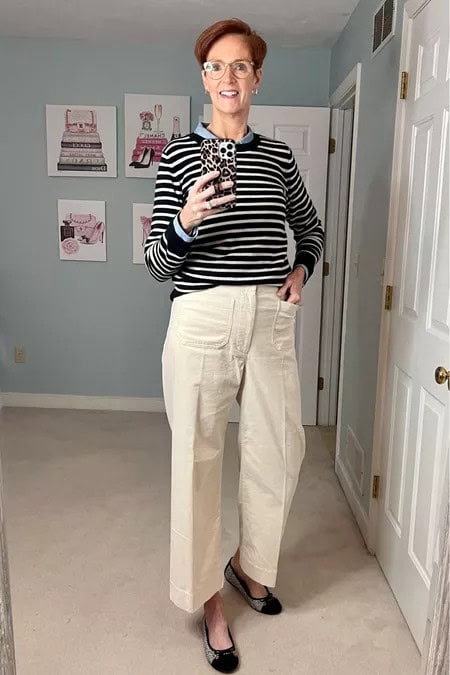 16 – Black And White Striped Crewneck Sweater With Beige Khaki Cargo Pants