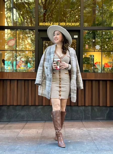 2 – Layer Striped Sweater Dress With Long Plaid Coat