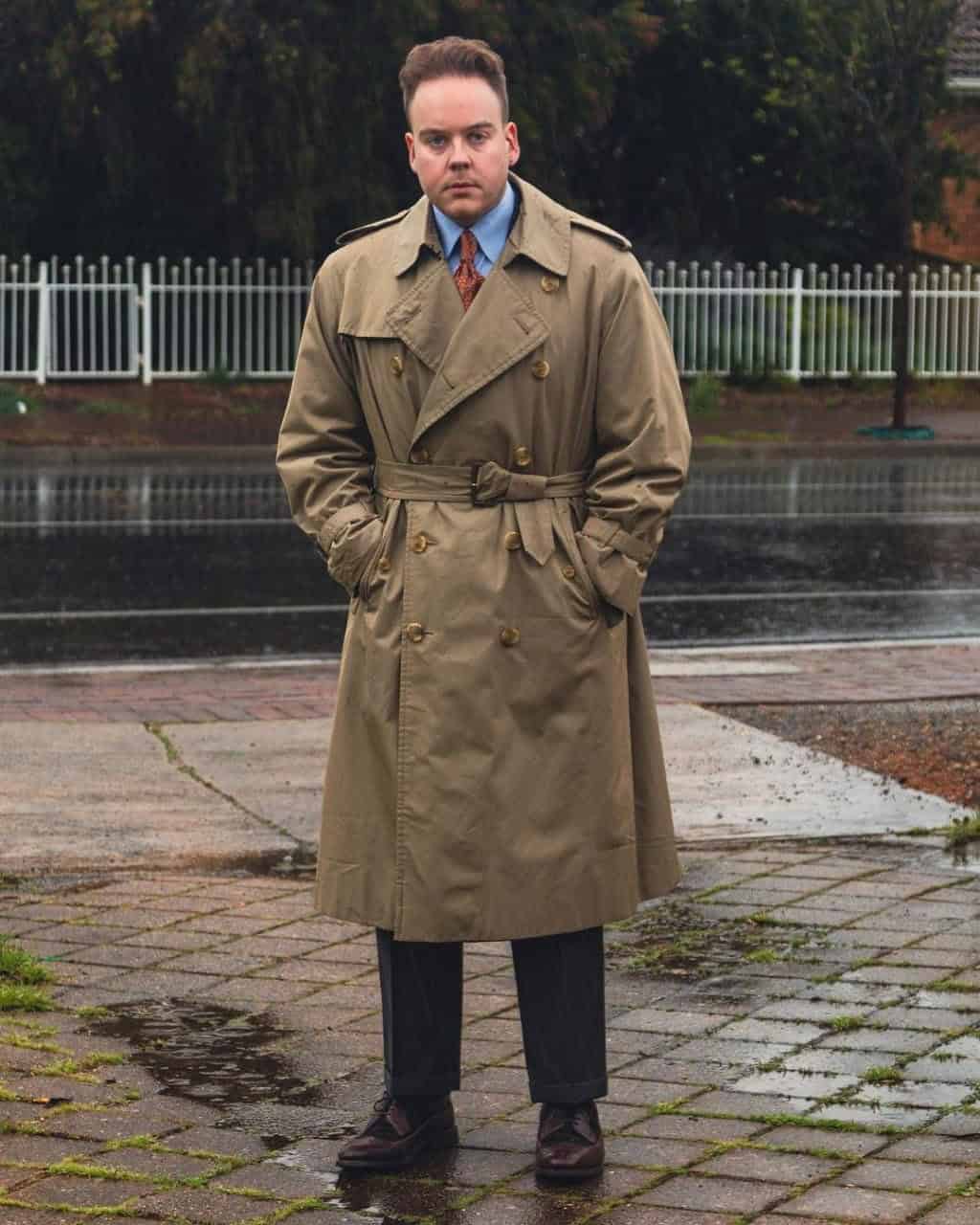 22 – Knee-length Belted Raincoat or Trenchcoat