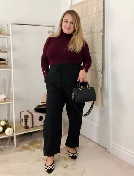 6 – Maroon Turtle Neck With High-Waisted Trousers And Checkered Ballet Flats