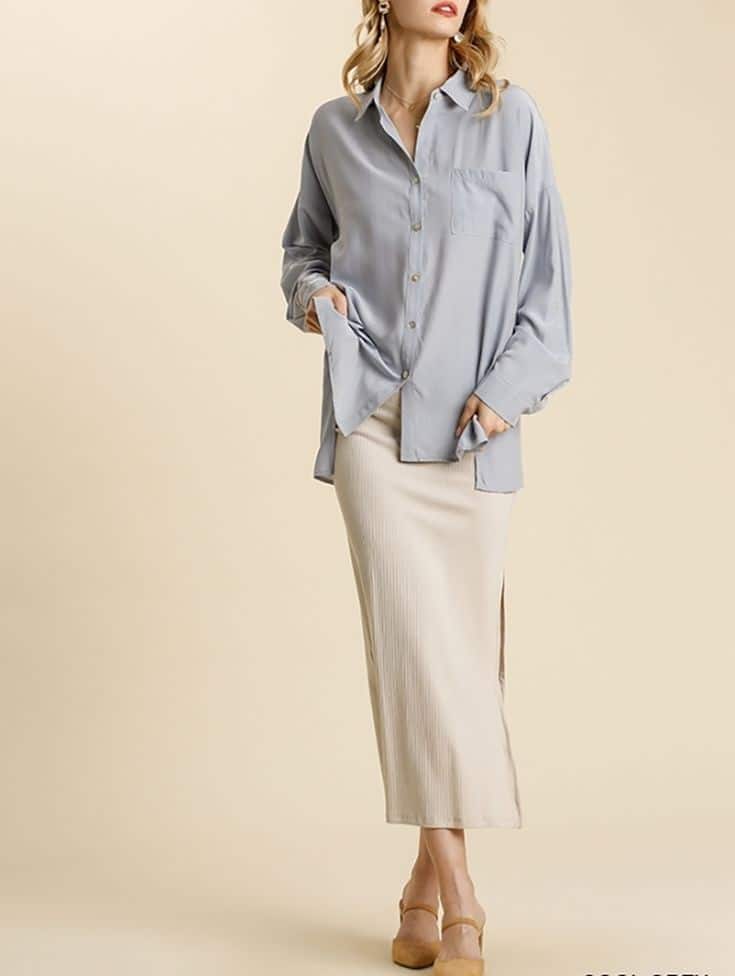 11 – Slit Blue Button-Down Shirt With Matching Slit Skirt