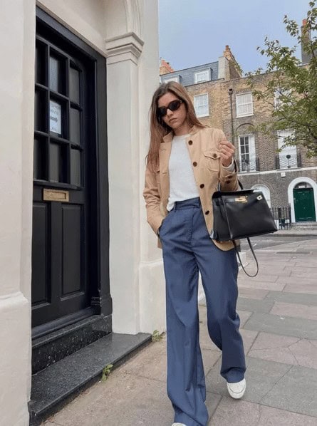 10 – Beige Safari Jacket and Navy Wide Leg Trousers