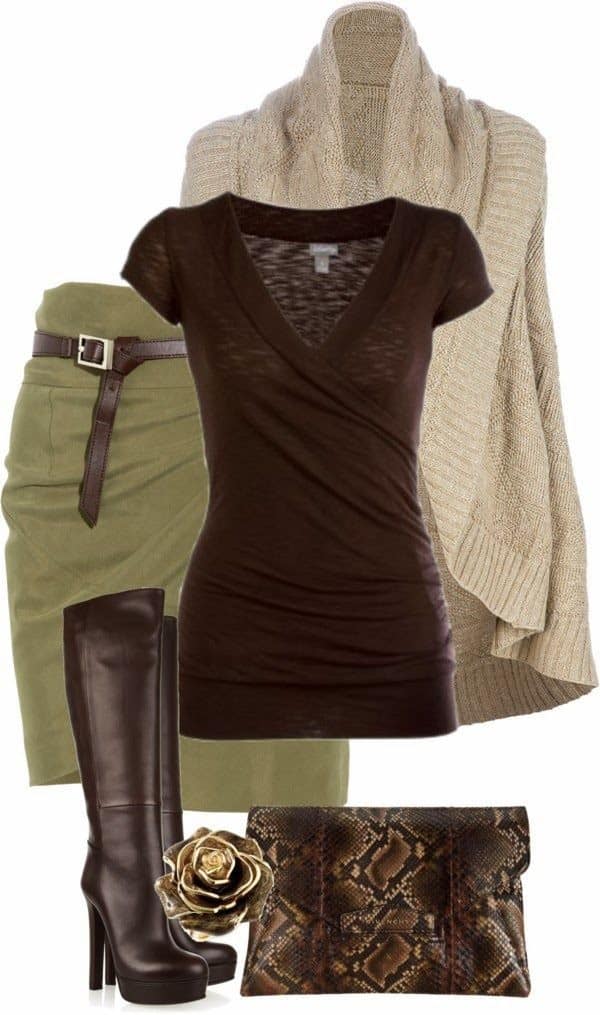 36 – Olive Green Skirt, Brown Shirt And Matching Boots