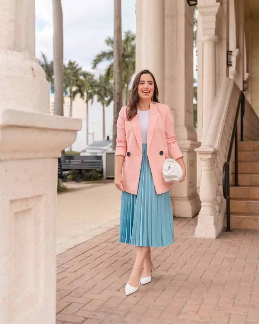 1 – Pastel Pink Blazer With Light Blue Pleated Skirt