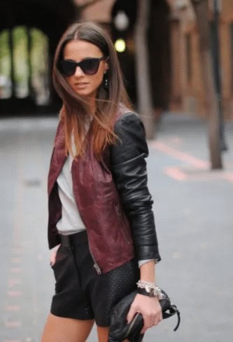 9 – Multi Colored Leather Jacket With Black Shorts