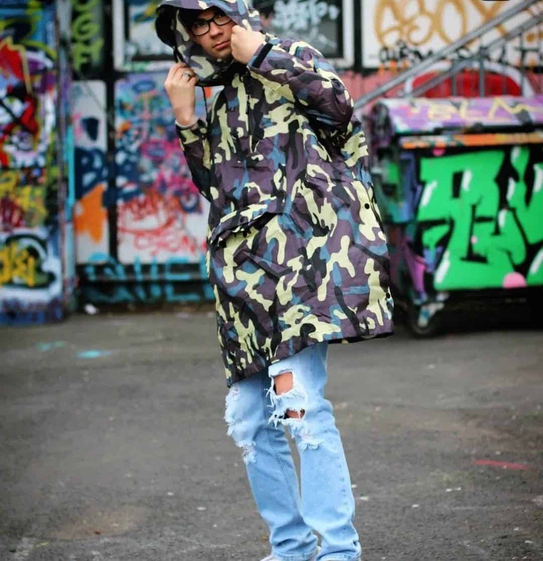 21 – Camouflage Pattern Rain Jacket with Ripped Jeans