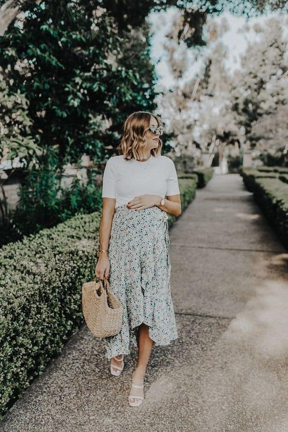 6 – Pair Cute White Sandals and White T-shirt with a Floral Skirt