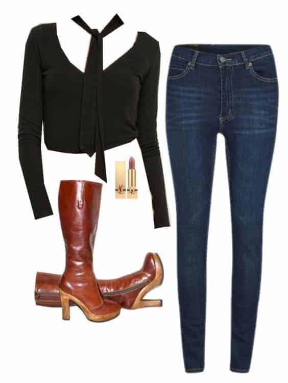 41 – Party Wear With Long Brown Boots Paired With Black Top And Denim