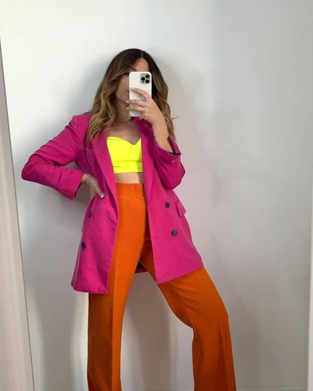 15 – Neon Yellow Cropped Top With Neon Orange Pants and Hot Pink Oversized Blazer