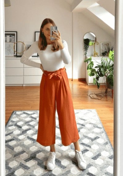 14 – Wide-legged pants with a Simple White Shirt