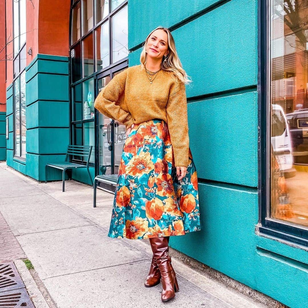 5 – Floral Skirt With Pullover Sweater & Leather Boots