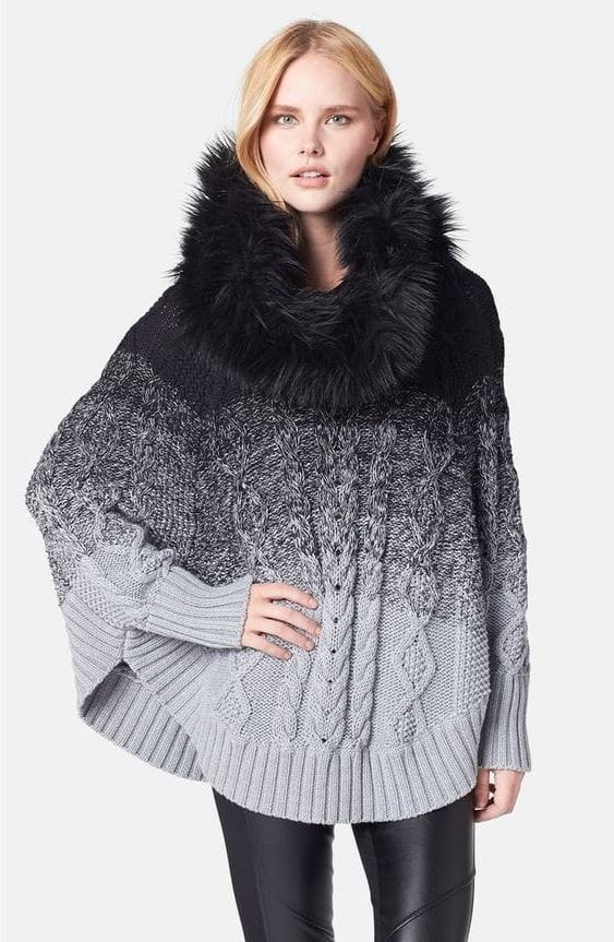 3 – Knitted Ombre Fur Neck Poncho With Leather Pants