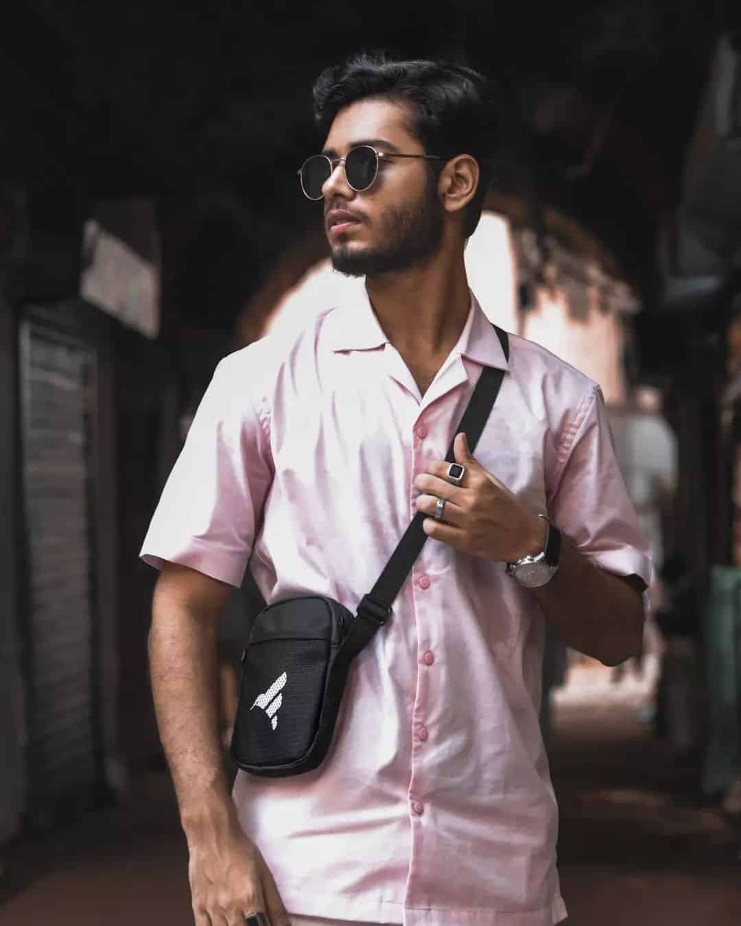 6 – Pink Button Down Shirt with Black Bag