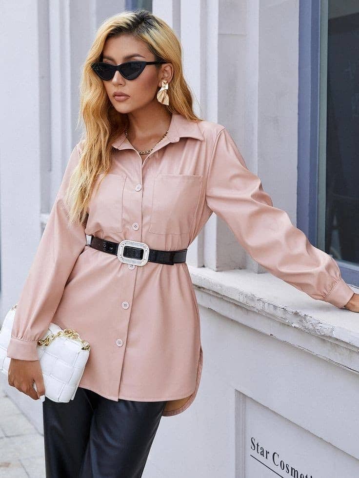 06 – Pink Button-Down Shirt And Black Leather Pants With Waist Belt