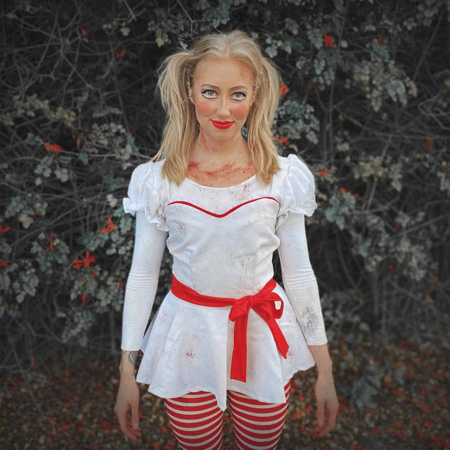 5 – Scary Doll Costume With Peplum Style Short White Dress and Striped Tights