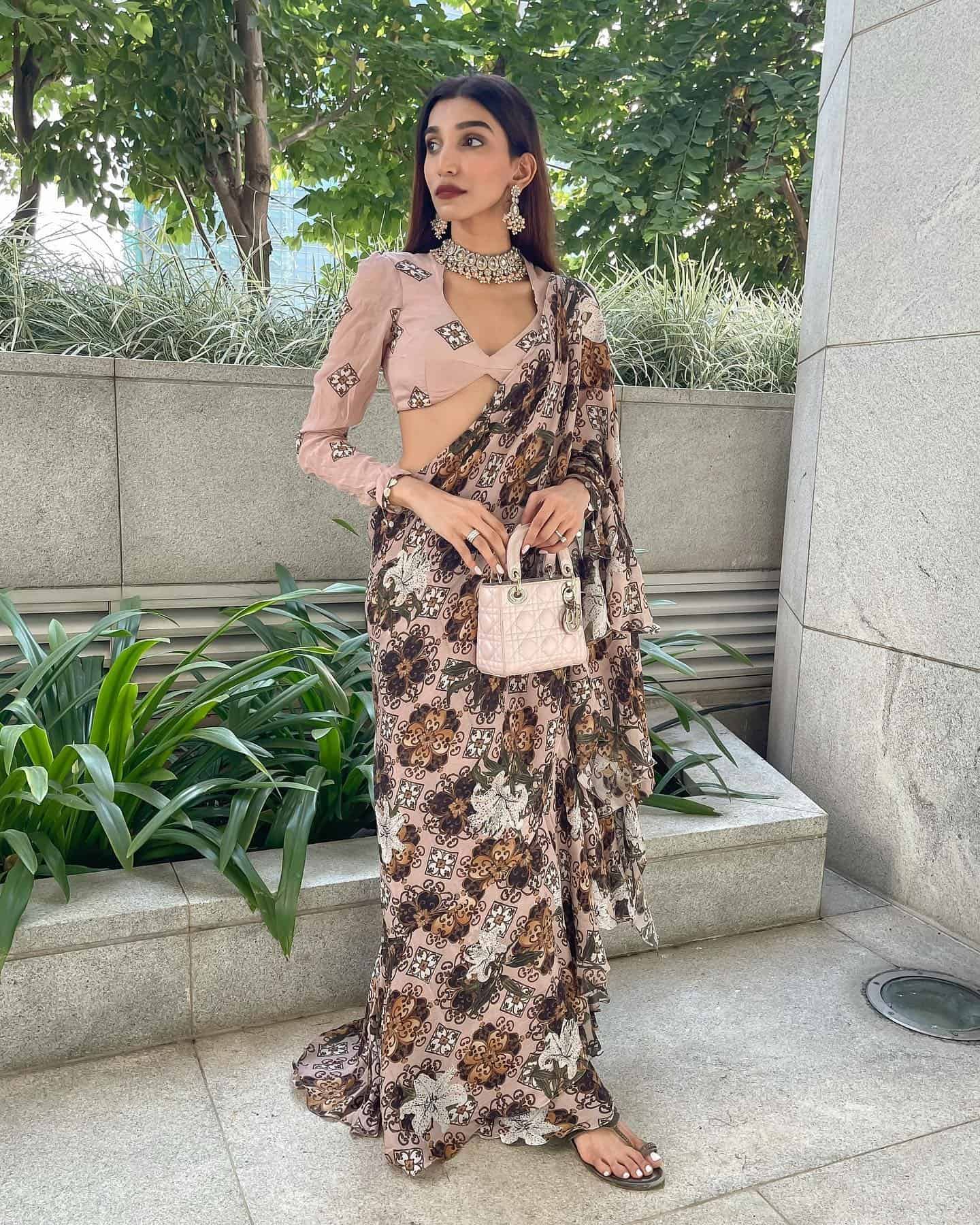 Ruffled Saree with Printed Crop Top