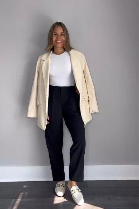 13 – White Bodysuit With Cream Blazer And High-Waisted Black Pants