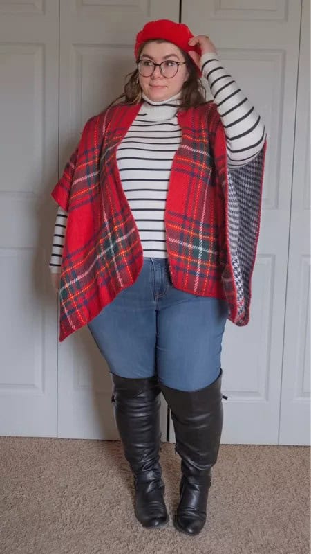 6 – Striped Sweater With Plaid Shawl & Boots