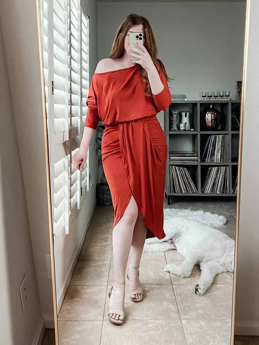 2 – Rust Off Shoulder Ruched Knee-Length Dress