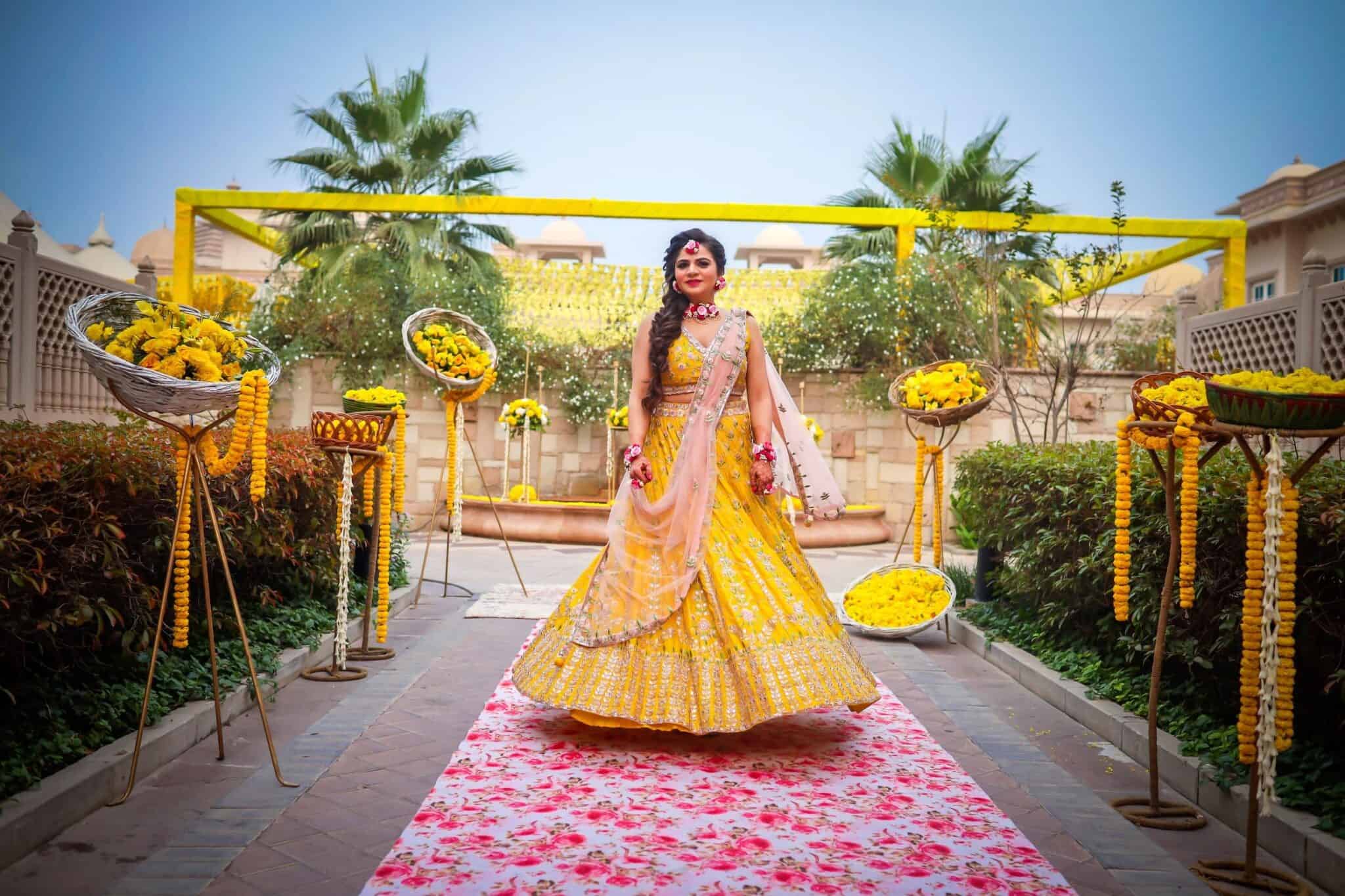 Yellow Lehenga Styled With Floral Jewelry