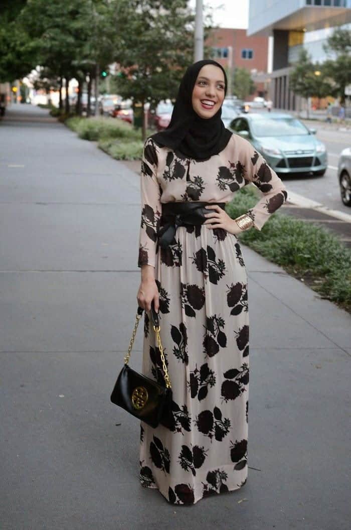 Floor Length Maxi Dress with Black Floral Print