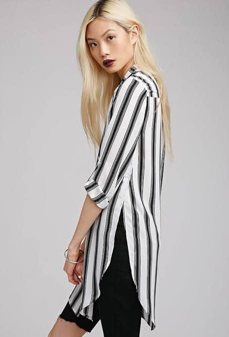 12 – White And Black Striped Shirt With Black Cropped Shorts