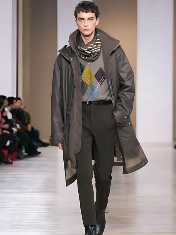 ↓ 2. Layered Outfit with Argyle Sweater and Taupe Overcoat