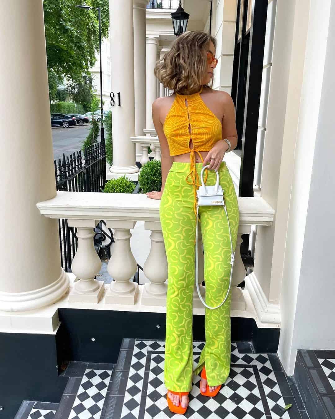 18 – Printed Bright Yellow Graphic Halter Top With Bright Green Printed Pants