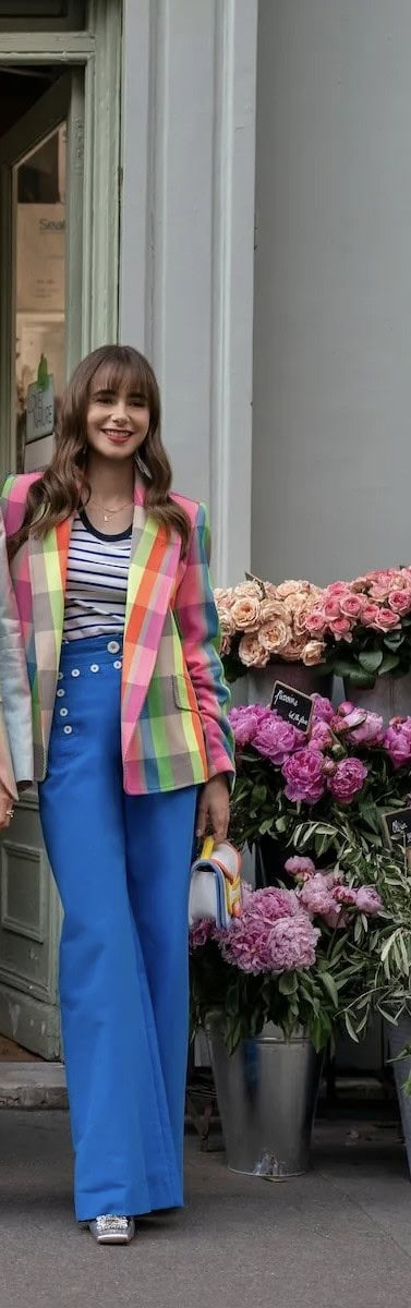 8 – Neon Check-Tailored Open Jacket With Blue Trousers