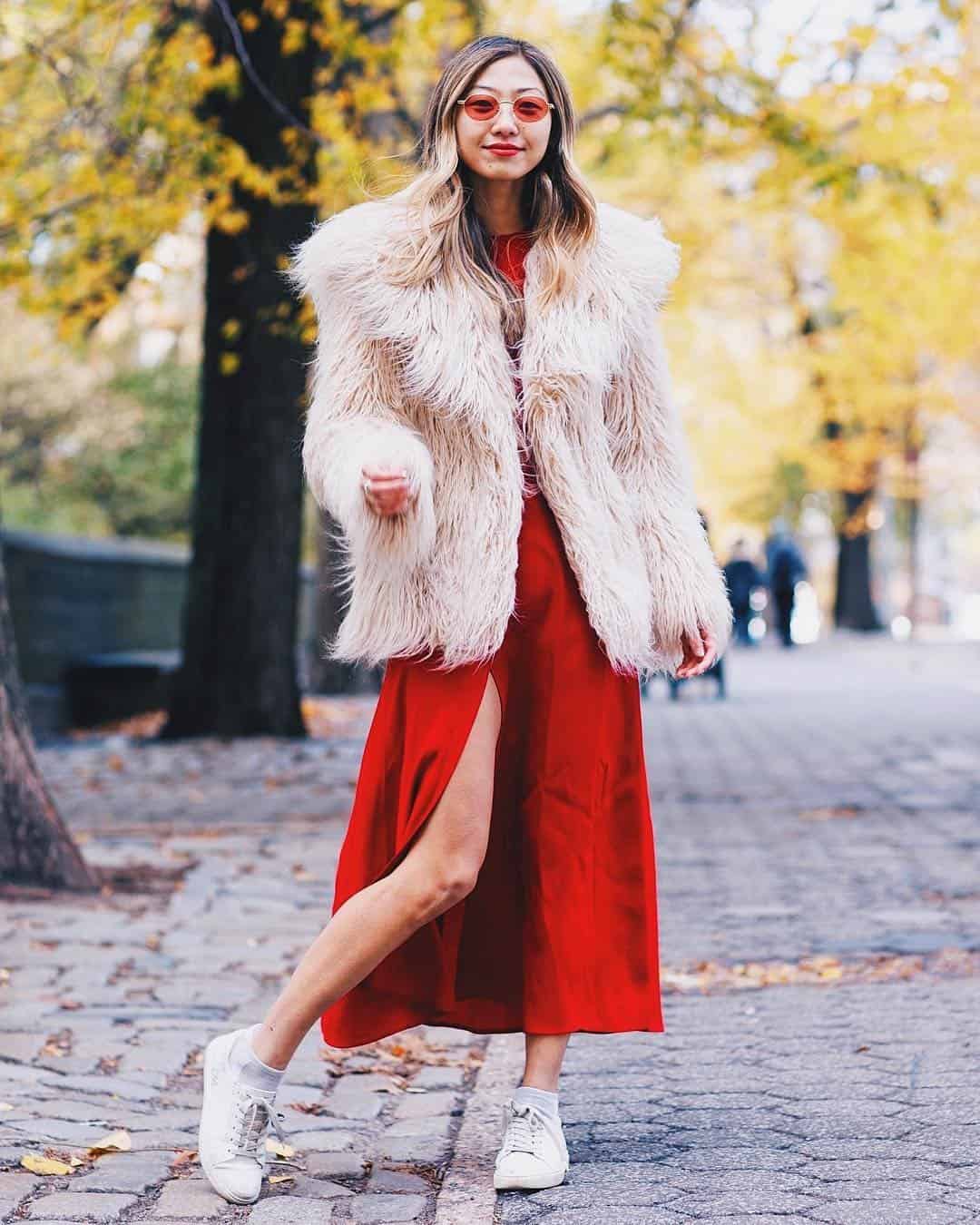 Style a Dress or Printed Pants with Faux Fur Jacket