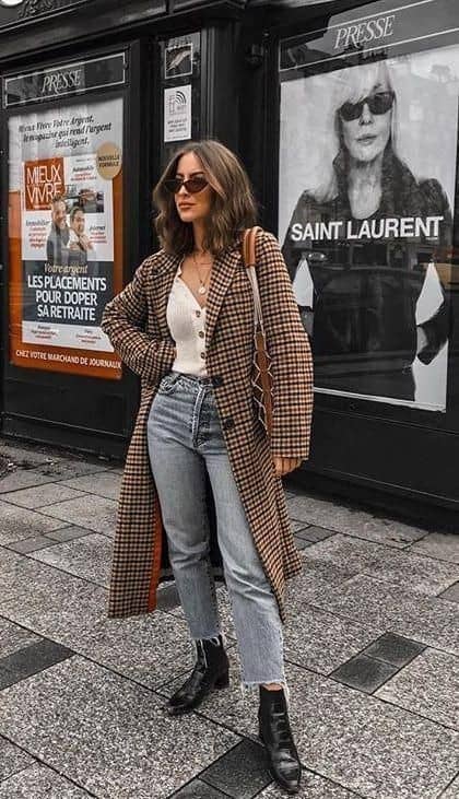 9 – Cardigan Paired With Long Plaid Coat