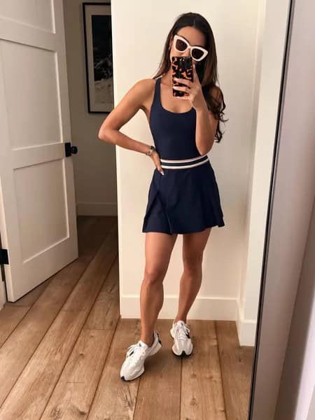 8 – Short Sleeveless Dark Blue Belted Dress With Chunky Sunglasses