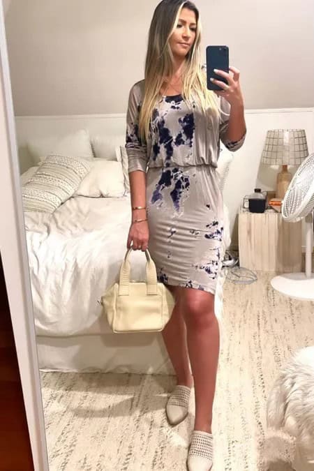 16 – Blue And Beige Tie Dye Dress With A White Handbag