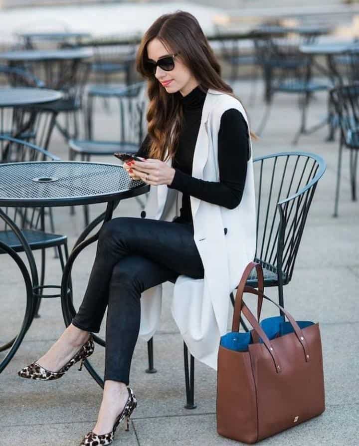 14 – Black Shirt And Skinny Pants With Ivory Trench Vest