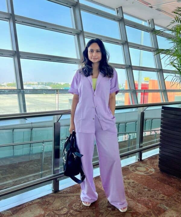 9 – Lilac Oversized Button Down Shirt with Matching Wide Leg Trousers, Accented With a Yellow Tank Top