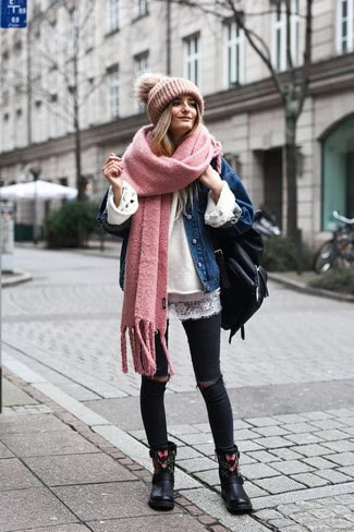 7 – Try A Pink Scarf With Ripped Black Jeans & Blue Denim Jacket