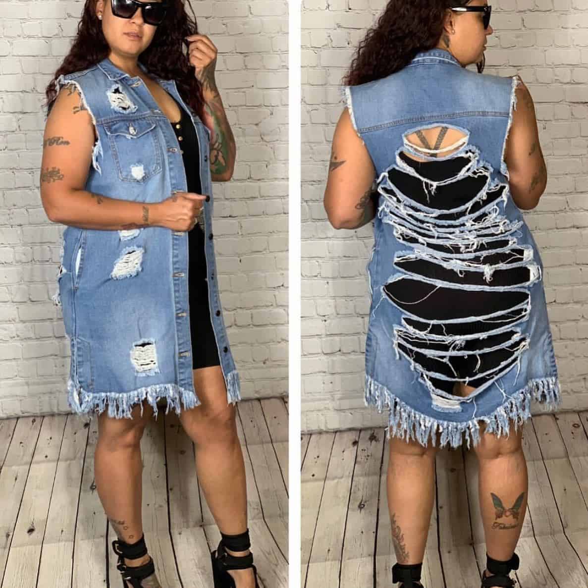 16 – Ripped Knee Lenght Vest With A Black Dress