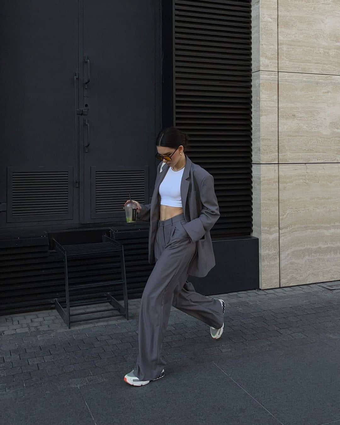 Androgynous Grey Outfit Looks Uber Chic with White Crop Top