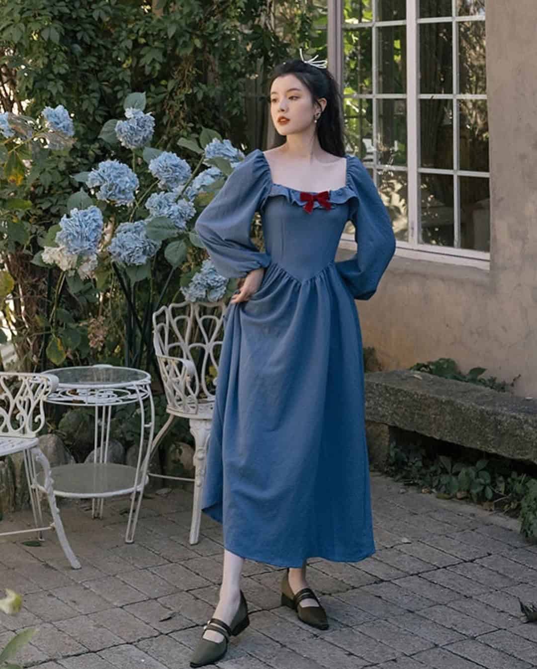 6 – Boat Neck Long Dress with Puff Sleeves