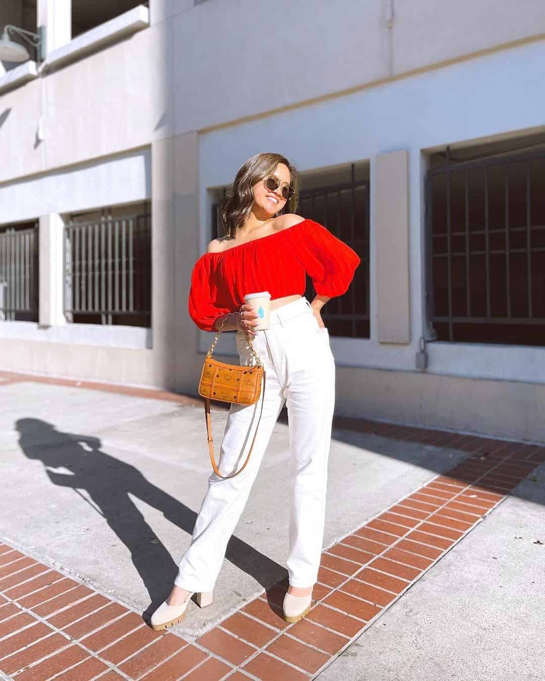 4 – Bright Colored Top With White Straight-Leg Pants