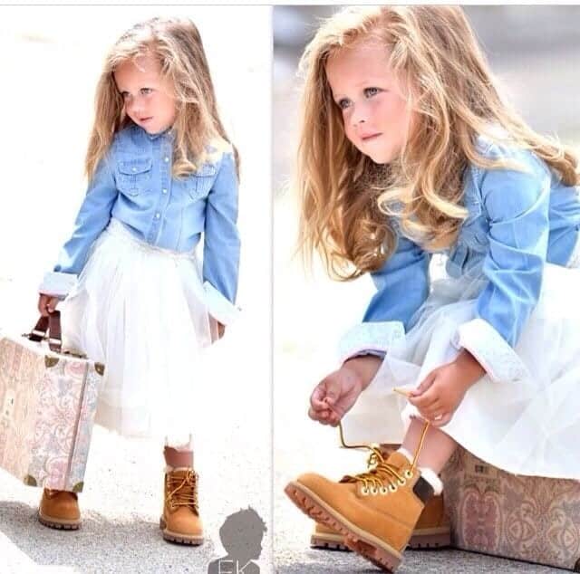 12 – White Skirt With Denim Shirt And Timberlands