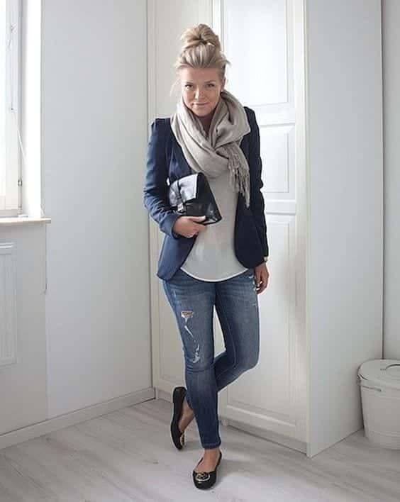 6 – Navy Blue Blazer With Ripped Blue Jeans